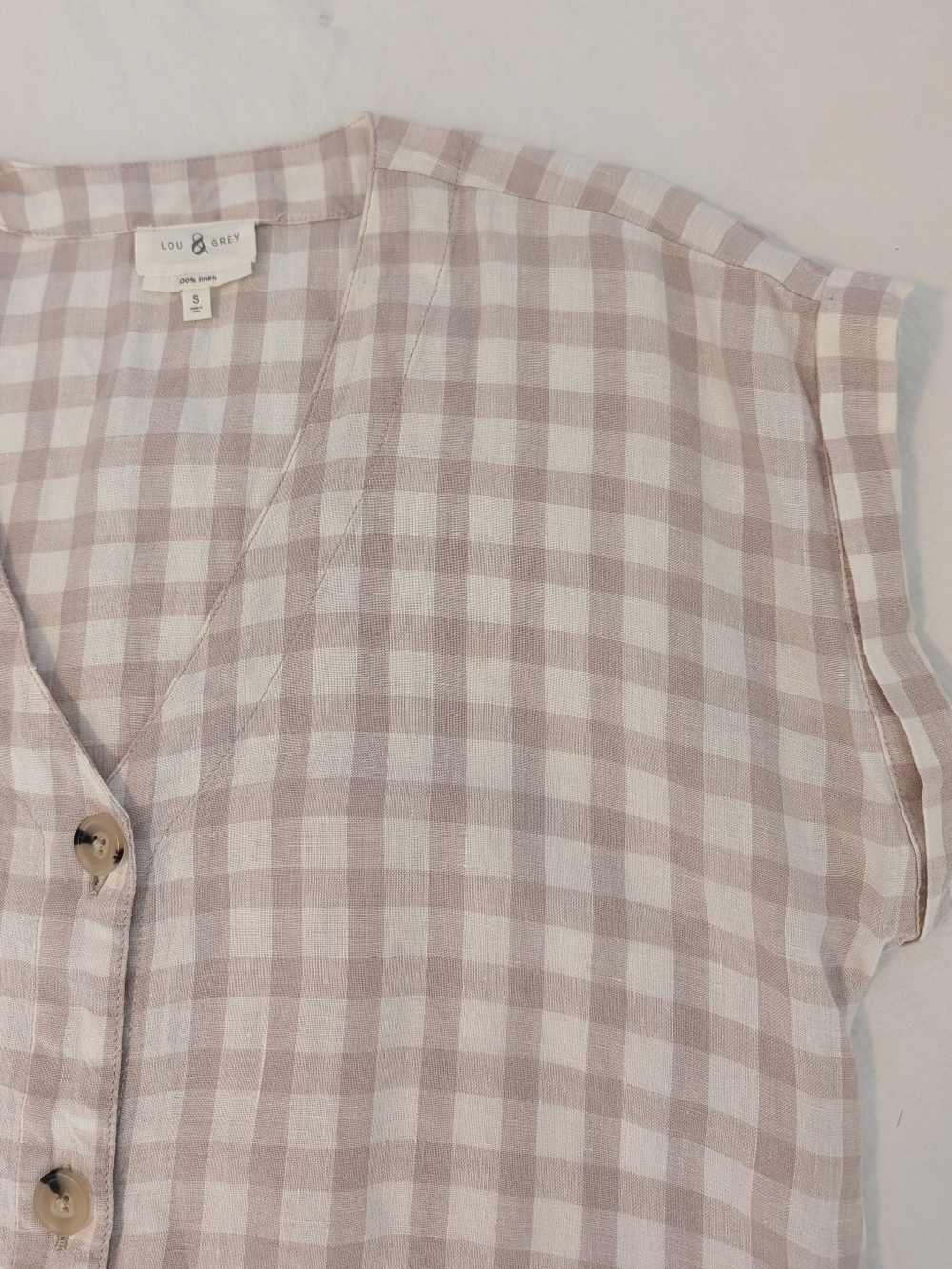 Lou & Grey Gingham Linen Shift Dress Cap Sleeves Casual Summer Cream Brown Small - Picture 10 of 13